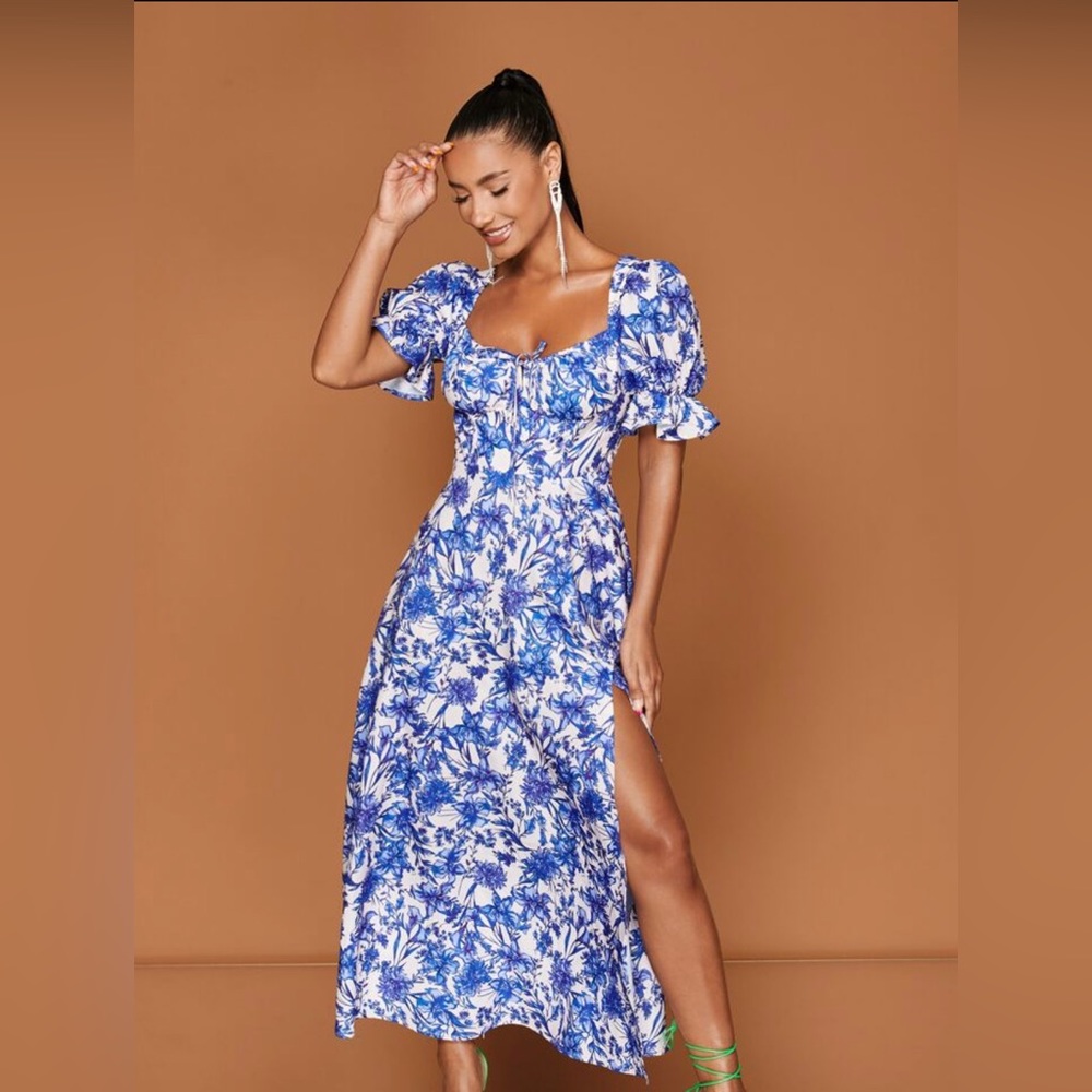 Floral Print Tie Back Puff Sleeve